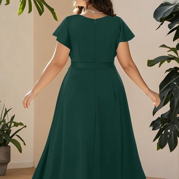 Women's Plus Size Formal Wedding Guest Dress with Ruffles V-Neck Long Low Party - Picture 13 of 16